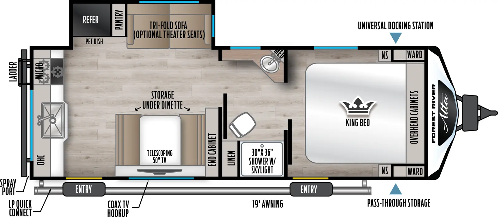 The Alta 2375KRK floorplan has one entry and one slide out. Exterior features include: fiberglass exterior and 19' awning. Interiors features include: front bedroom and pass through bathroom.